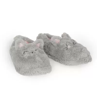 Pantufas felpudas cinzentas em forma de gato com detalhes roseados
