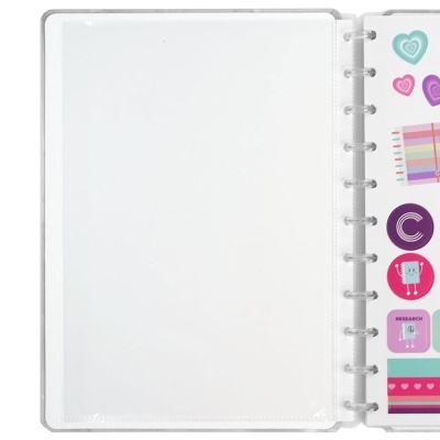 Caderno organizador com capa plástica transparente e autocolantes coloridos