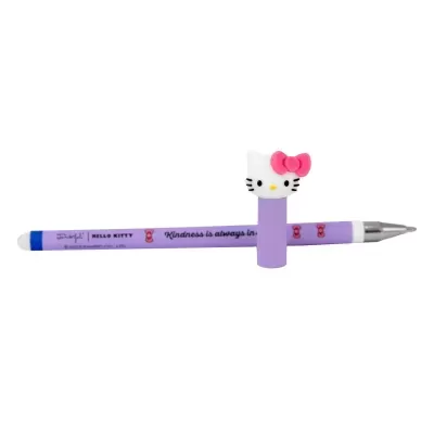 Caneta roxa com clip Hello Kitty e texto impresso