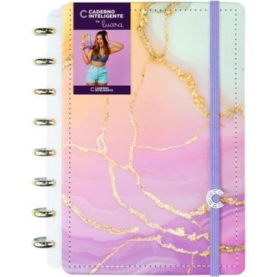Caderno inteligente com capa rosa e lilás com padrão dourado e elástico lilás
