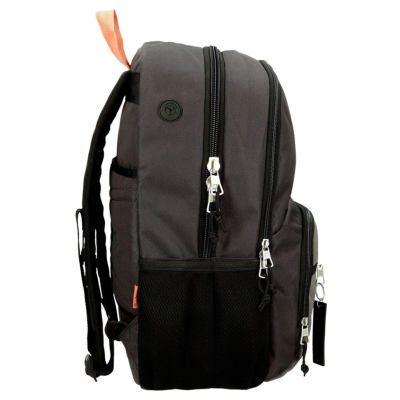 Mochila cinzenta escura com bolsos e zíperes