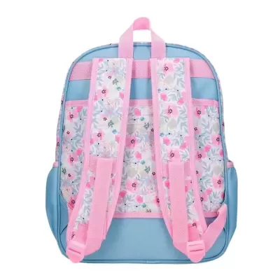 Mochila azul claro com padrão floral rosa nas alças ajustáveis