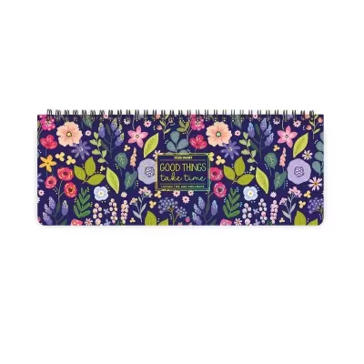 Caderno com capa floral azul e texto GOOD THINGS take time