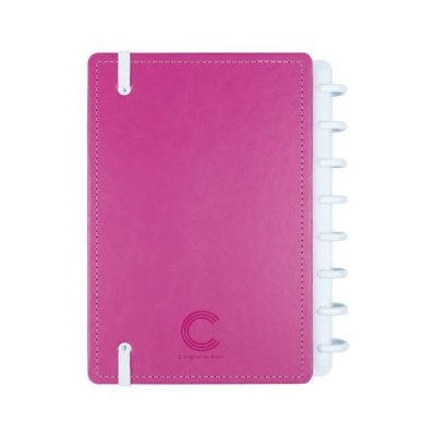 Caderno rosa com argolas brancas e logótipo C em relevo