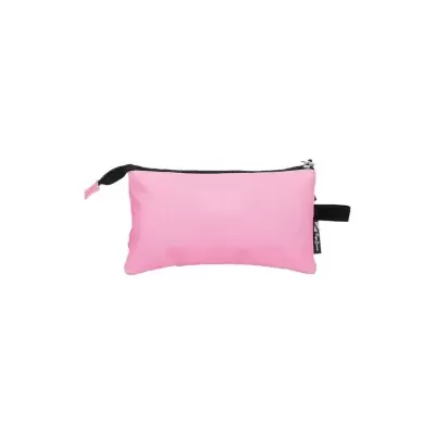Bolsa pequena rosa com fecho preto e etiqueta na lateral