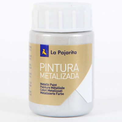 Frasco de tinta metálica La Pajarita com rótulo dourado e branco