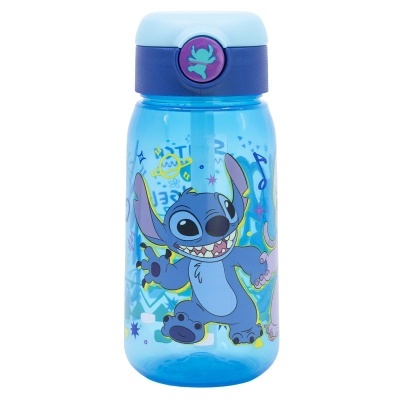 Garrafa de plástico azul com personagem Stitch desenhada