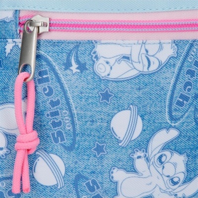 Fecho de correr rosa em tecido azul com estampado de personagens Stitch e estrelas