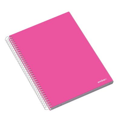 Caderno espiral rosa com texto branco 'ambar.'