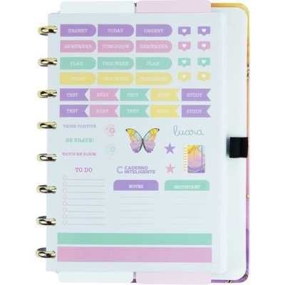 Folha de adesivos organizadores coloridos com textos em inglês e desenhos decorativos
