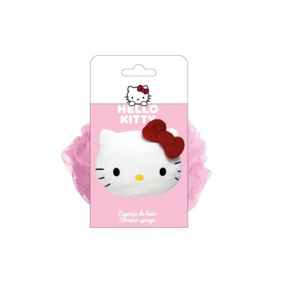 Esponja de banho Hello Kitty rosa com rede e aplicação da cara da Hello Kitty