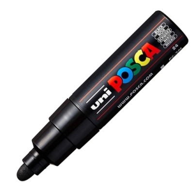 Marcador preto Uni Posca com texto colorido no rótulo