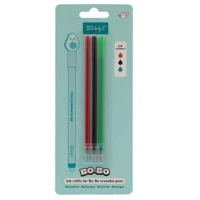 Recargas de tinta para canetas apagáveis Bo-Bo com três cores em embalagem azul claro