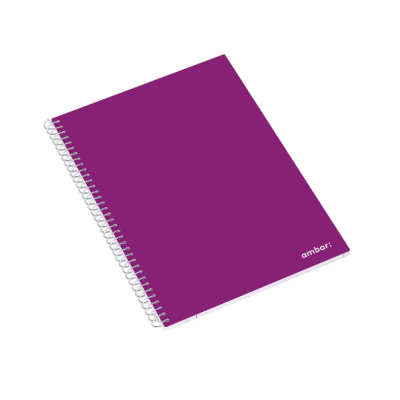 Caderno espiral com capa dura roxa com a palavra 'ambar.'