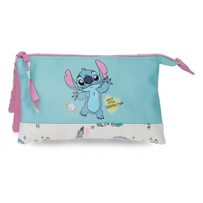 Estojo retangular azul claro e branco com ilustração do Stitch e texto