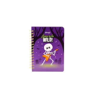 Caderno roxo com esqueleto a tocar guitarra e texto Bone to be WILD