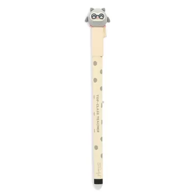 Caneta creme com pontos castanhos e figura de guaxinim cinzento com óculos no topo