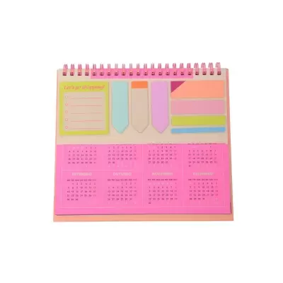 Calendário de mesa rosa com marcadores autocolantes coloridos