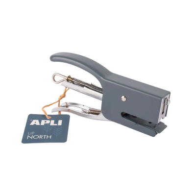 Agrafador cinza metálico com etiquetas e mola visível