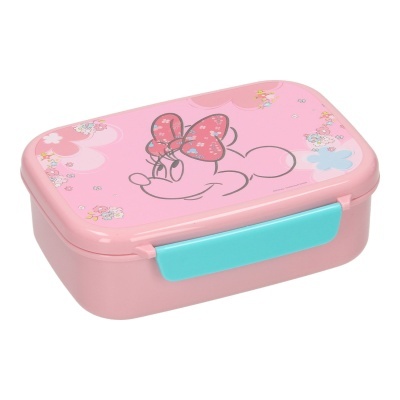 Caixa de almoço rosa com tampa da Minnie e fecho azul