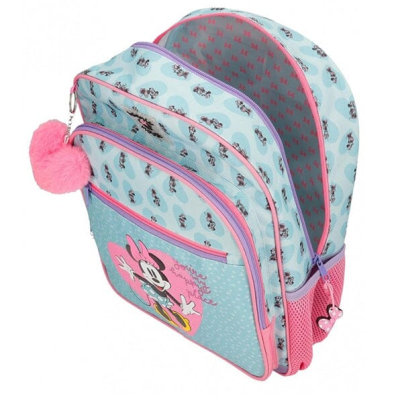 Mochila infantil azul e rosa com estampa Minnie Mouse e pompom rosa