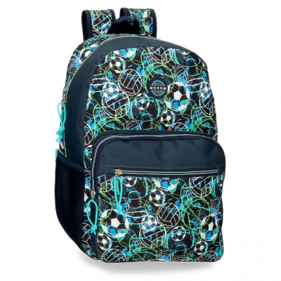 Mochila com padrão de bolas de futebol em azul, verde e branco