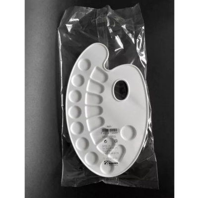 Paleta de pintura plástica branca com buraco para polegar embalada em plástico transparente