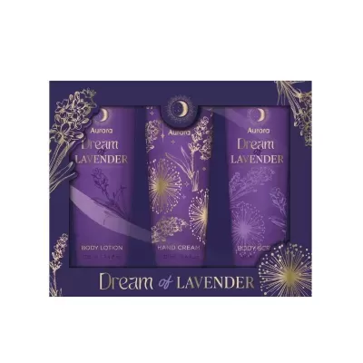 Conjunto de cosméticos Aurora Dream of Lavender com três frascos lilás em caixa decorada