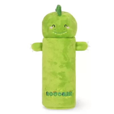 Pelúcia verde sorridente com corpo retangular e texto bordado '1000 ANOS'