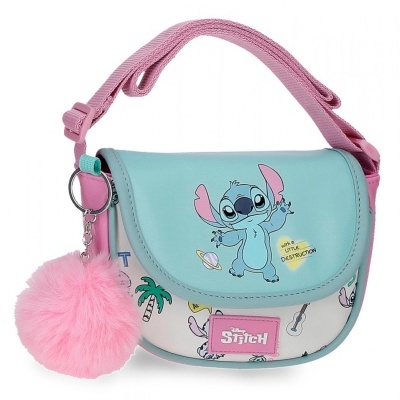 Mala tiracolo infantil azul e rosa com desenho Stitch e pompom