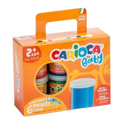Conjunto de tintas para pintar a dedo Carioca Baby em embalagem laranja com 6 frascos e texto informativo.