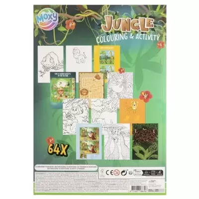 Livro de atividades e colorir Jungle Colouring & Activity com 64 peças e tema de selva, fundo verde tropical.