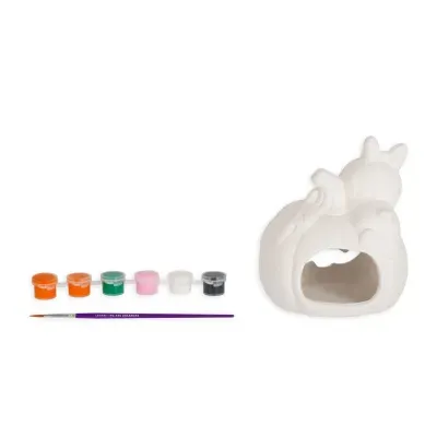 Conjunto para pintar com cavalo em cerâmica branca, tintas coloridas e pincel roxo.