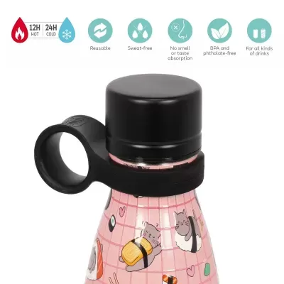 Garrafa térmica rosa com ilustração de gatos sushi e tampa preta