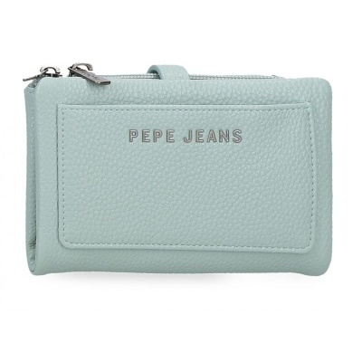 Carteira azul claro com fecho e texto Pepe Jeans