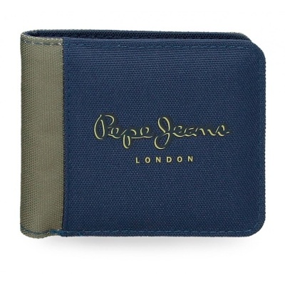 Carteira de tecido azul com faixa lateral cinza e logo Pepe Jeans LONDON em dourado