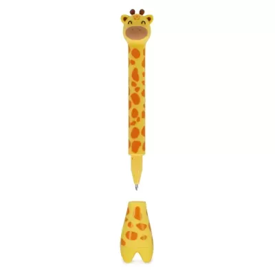 Caneta de girafa amarela com manchas laranja com tampa removida