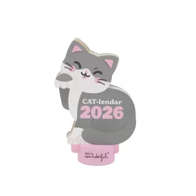 Calendário 2026 em forma de gato com texto CAT-lendar 2026 e base rosa Mr. wonderful