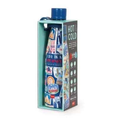Garrafa térmica decorada com estampas de viagens, embalagem preta e azul