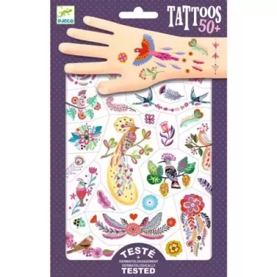 Pack de tatuagens temporárias coloridas com desenhos de pássaros e flores