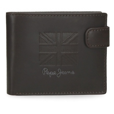 Carteira de pele castanha com gravação da bandeira do Reino Unido e logo Pepe Jeans