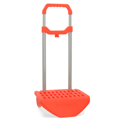 Carrinho de transporte manual laranja com estrutura cinzenta e rodas