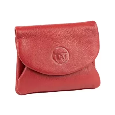 Carteira vermelha de pele com símbolo em relevo