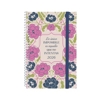 Caderno espiral com capa floral, elástico azul e texto em espanhol