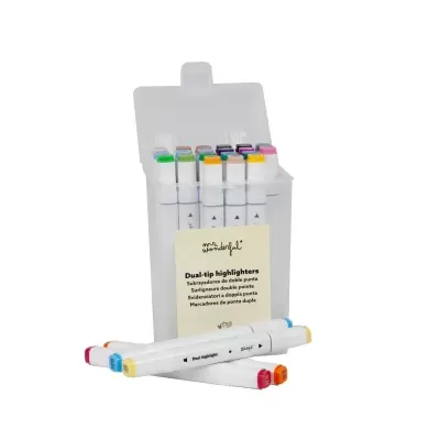 Conjunto de marcadores de ponta dupla com estojo transparente e tampa aberta
