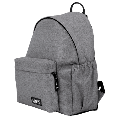 Mochila cinzenta de tecido com bolso frontal e etiqueta 