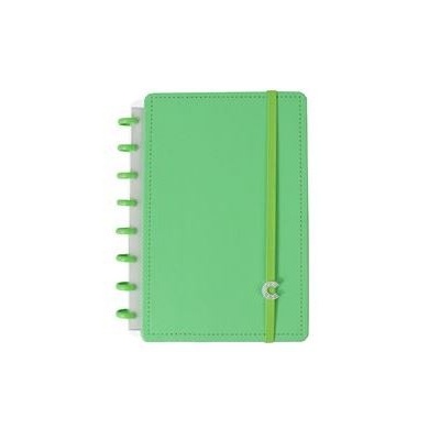 Caderno verde com elástico amarelo e argolas laterais
