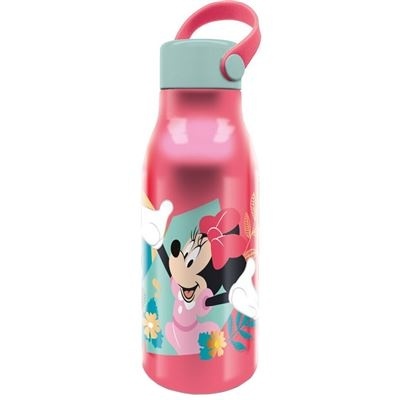 Garrafa térmica rosa com imagen da Minnie Mouse e tampa azul clara