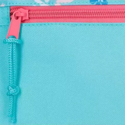 Fecho de correr rosa em tecido azul turquesa com puxador de corda