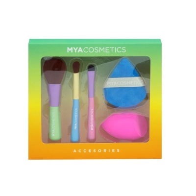 Conjunto de pincéis e esponjas de maquilhagem coloridas da MYA COSMETICS em embalagem